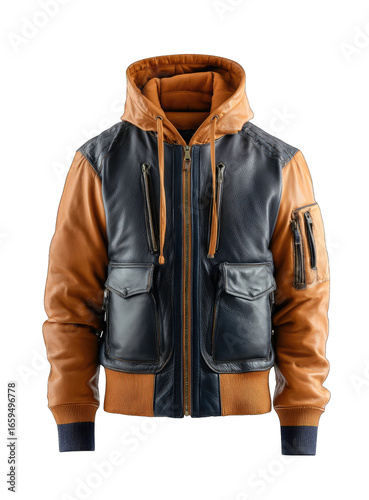 Hooded leather bomber jacket, tan and navy