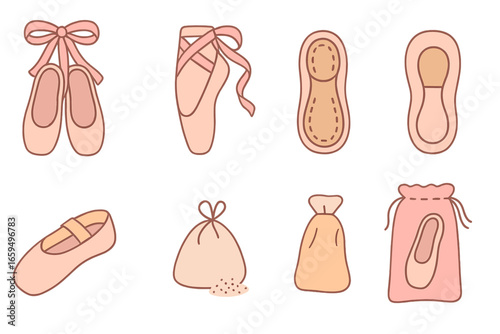 Ballet Shoes Icons. Flat vector mini-illustrations Classical ballet shoes close-up in colors children's