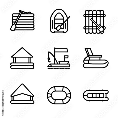 Raft Icon Set. Outline icon set of raft types: wooden raft, inflatable raft, bamboo raft, survival raft, fishing raft, luxury raft