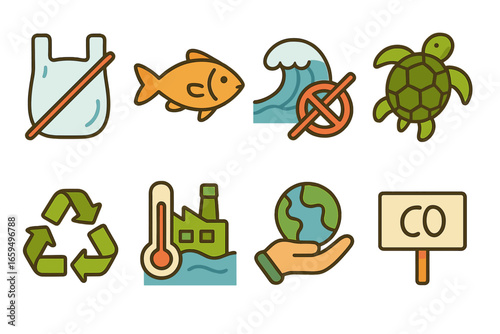 Eco-Friendly Kids Illustrations. Flat vector mini-illustrations Plastic pollution and clean oceans in colors children's