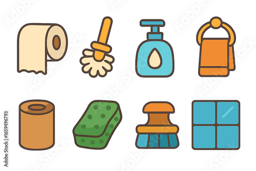 Bathroom Cleaning Icons. Flat vector mini-illustrations bathroom cleaning items in colors children's