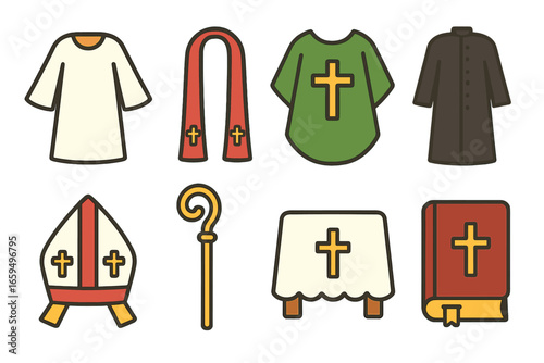 Colorful Religious Vestments. Flat vector mini-illustrations Religious vestments in colors children's illustrations: gown, stole,