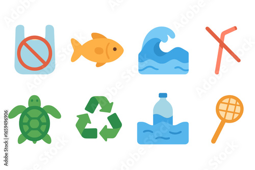 Eco-Friendly Kids Illustrations. Flat vector mini-illustrations Plastic pollution and clean oceans in colors children's