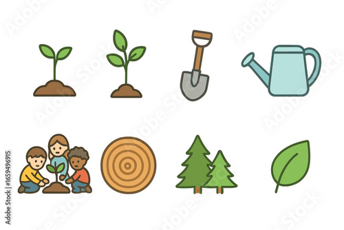 Eco-Friendly Kids' Icons. Flat vector mini-illustrations Tree planting and reforestation in colors children's illustrations: