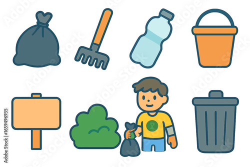 Beach Cleanup Icons. Flat vector mini-illustrations beach restoration in colors children's illustrations: