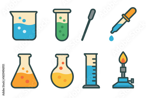 Colorful Science Experiment Icons. Flat vector mini-illustrations mixture in science experiments in colors children's
