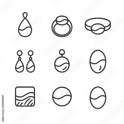 Resin Jewelry Icons. Outline icon set of resin jewelry elements: pendant, ring, bracelet, earrings, charm, cabochon, inlay, resin