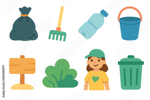 Beach Cleanup Icons. Flat vector mini-illustrations beach restoration in colors children's illustrations: