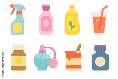 Colorful Solvent Icons. Flat vector mini-illustrations solvent in daily life in colors children's illustrations: cleaning spray,