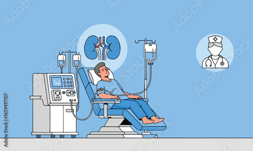 Illustration Of A Patient Connected To Dialysis Machine With Doctor Symbol, Suitable For Healthcare Projects, Awareness Campaigns, And Medical Education