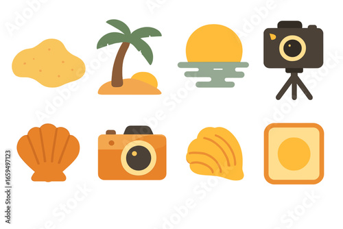 Beach Sunset Icons. Flat vector mini-illustrations Beach sunset photography in colors children's illustrations