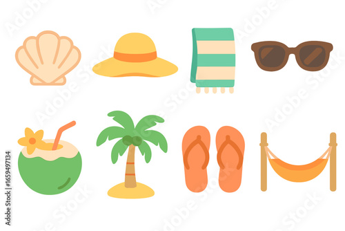 Beach Wellness Icons. Flat vector mini-illustrations beach wellness vacation in colors children's