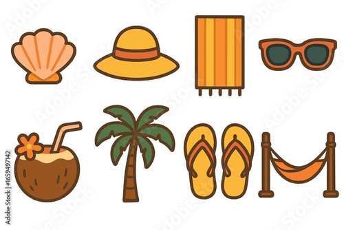 Beach Wellness Icons. Flat vector mini-illustrations beach wellness vacation in colors children's