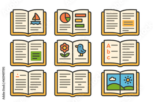 Colorful Textbook Graphics. Flat vector mini-illustrations textbook pages in colors children's illustrations: open pages, diagrams