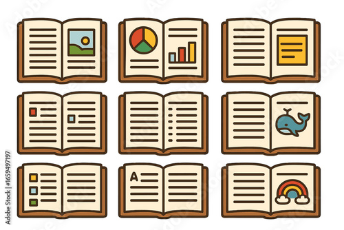 Colorful Textbook Graphics. Flat vector mini-illustrations textbook pages in colors children's illustrations: open pages, diagrams