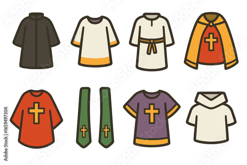 Colorful Vestments Icons. Flat vector mini-illustrations Christian vestments in colors children's illustrations: cassock, surplice