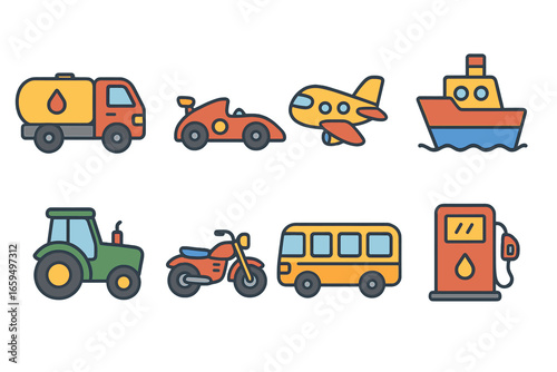 Colorful Vehicle Icons. Flat vector mini-illustrations fuel vehicles in colors children's illustrations: fuel truck, race car,