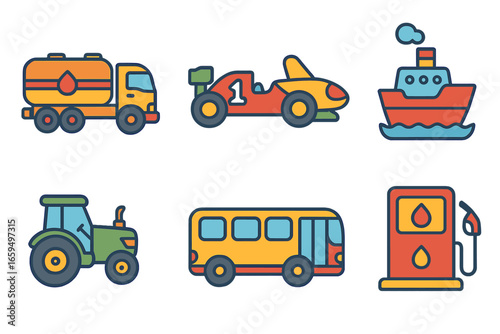 Colorful Vehicle Icons. Flat vector mini-illustrations fuel vehicles in colors children's illustrations: fuel truck, race car,