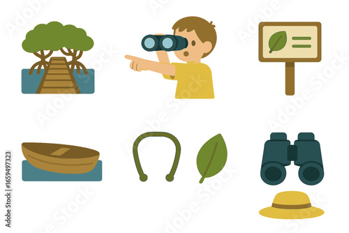Ecotourism Adventure Icons. Flat vector mini-illustrations ecotourism boardwalk in mangroves in colors children's illustrations: