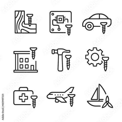Screw Applications Icons. Outline icon set of screw applications: furniture assembly, electronics fastening, automotive screws,