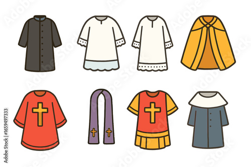 Colorful Vestments Icons. Flat vector mini-illustrations Christian vestments in colors children's illustrations: cassock, surplice