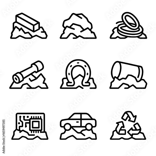 Scrap Metal Icons. Outline icon set of scrap metal types: steel scrap, aluminum scrap, copper scrap, brass scrap, iron scrap,