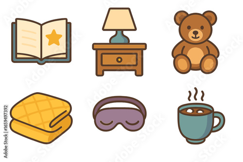Bedtime Essentials. Flat vector mini-illustrations Bedtime reading in colors children's illustrations: bedtime