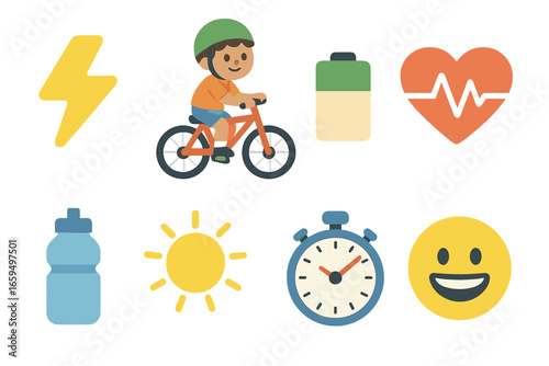 Energy Boost Icons. Flat vector mini-illustrations energy and stamina boost in colors children's illustrations: lightning bolt,