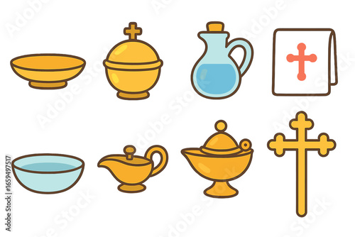 Communion Item Icons. Flat vector mini-illustrations communion items in colors children's illustrations: paten, ciborium lid,