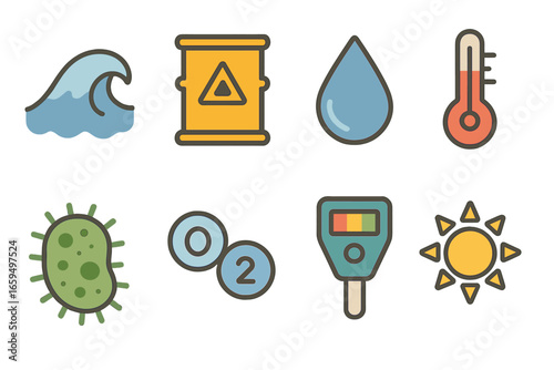 Environmental Icons Grid. Flat vector mini-illustrations Environmental factors in colors children's illustrations: saltwater wave,