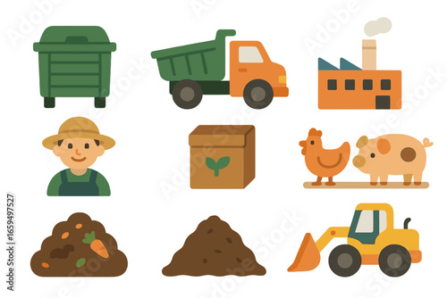 Composting for Kids. Flat vector mini-illustrations commercial composting in colors children's illustrations: large compost bin,
