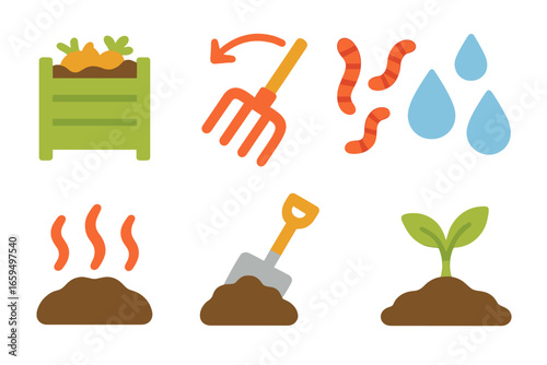 Composting Icons for Kids. Flat vector mini-illustrations composting process in colors children's illustrations: compost bin,
