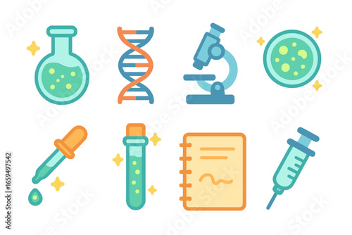 Bioluminescence Research Tools. Flat vector mini-illustrations bioluminescence research tools in colors