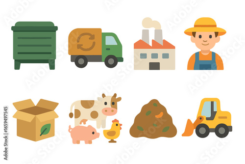 Composting for Kids. Flat vector mini-illustrations commercial composting in colors children's illustrations: large compost bin,