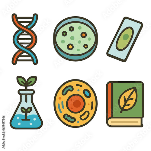 Biology Icons for Kids. Flat vector mini-illustrations Biology experiments in colors children's illustrations: