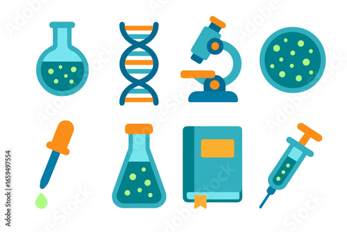 Bioluminescence Research Tools. Flat vector mini-illustrations bioluminescence research tools in colors