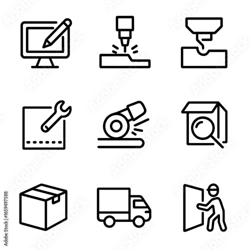 Sheet Metal Process Icons. Outline icon set of sheet metal fabrication stages: design, cutting, forming, assembly, finishing,