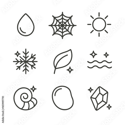 Shiny Nature Icons. Outline icon set of shiny nature elements: dewdrop, spider web, sunbeam, sparkling snowflake, glossy leaf,