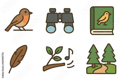 Birdwatching Adventure Icons. Flat vector mini-illustrations birdwatching in colors children's illustrations: