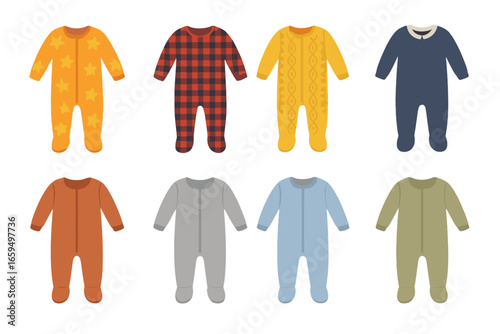 Cozy Footed Pajamas. Flat vector mini-illustrations cozy footed pajamas in colors children's illustrations: fleece footed pajamas,