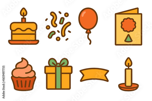Birthday Care Package Icons. Flat vector mini-illustrations birthday care package in colors children's