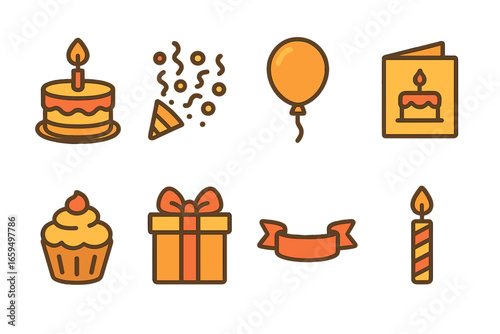 Birthday Care Package Icons. Flat vector mini-illustrations birthday care package in colors children's