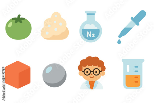 Farm to Table Science. Flat vector mini-illustrations farm to table produce in colors children's illustrations: heirloom tomato,