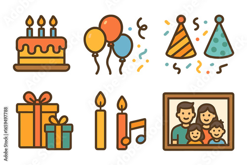 Birthday Celebration Icons. Flat vector mini-illustrations Family birthday party at home in colors children's
