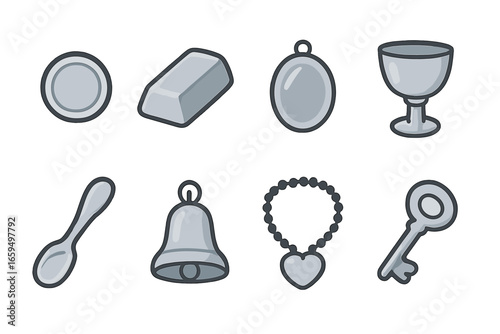 Silver Mini Treasures. Flat vector mini-illustrations silver treasures in colors children's illustrations: silver coin, silver bar