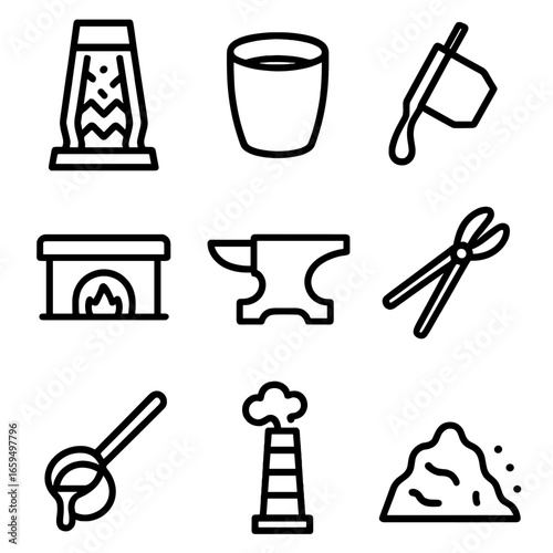 Smelting Process Icons. Outline icon set of smelting process: blast furnace, crucible, molten metal, furnace, anvil, tongs, ladle,