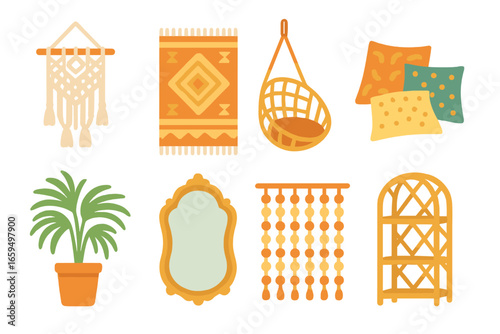 Boho Chic Interiors. Flat vector mini-illustrations boho chic interiors in colors children's illustrations: