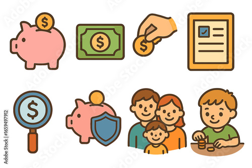 Financial Assistance Icons. Flat vector mini-illustrations financial assistance programs in colors children's illustrations: piggy