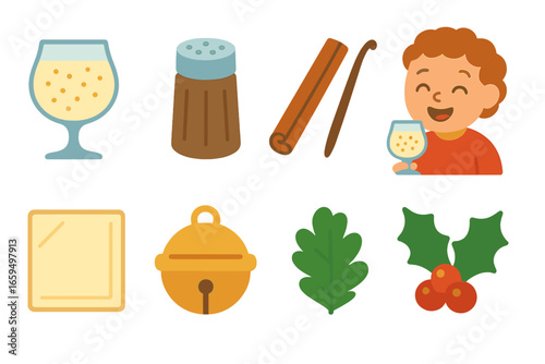 Festive Eggnog Icons. Flat vector mini-illustrations eggnog tasting table in colors children's illustrations: eggnog glass, nutmeg