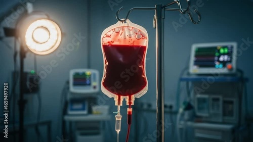 Blood transfusion in the hospital operating room during surgery displaying a bag of blood hanging in a medical setting for patient care.